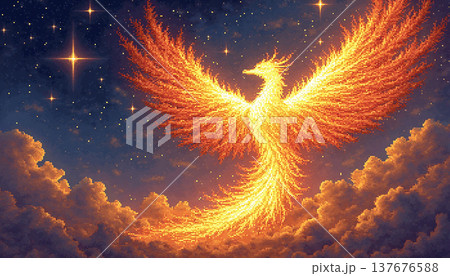 Golden phoenix bird soaring through sunset clouds Golden phoenix bird soaring through sunset clouds 137676588
