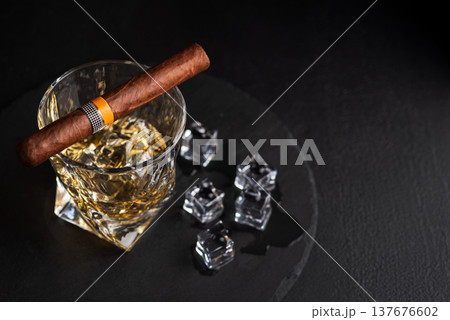 Whiskey Glass with Cigar. Luxurious Bar Ambience Whiskey Glass with Cigar. Luxurious Bar Ambience 137676602
