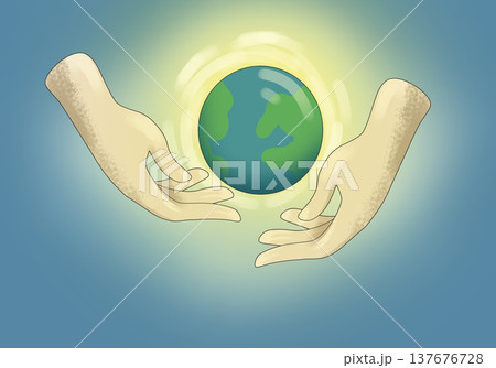 Glowing planet Earth cradled gently by human hands beneath sky symbolizing worldwide harmony, environmental guardianship, conflict prevention, optimistic vision for peaceful international coexistence 137676728
