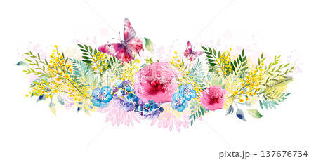 Abstract flower arrangement. Watercolor flowers. hand drawn Not AI, Vector illustration. 137676734