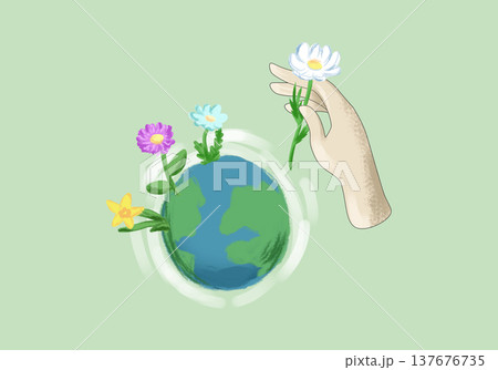 Glowing planet Earth surrounded by colorful flowers with gentle human hand placing a daisy, symbolizing peace, environmental care, global harmony, hope for a safe world and eco protection concept i 137676735
