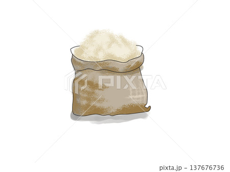 Canvas sack filled with wheat flour and baking ingredients, rustic bakery concept for homemade bread preparation, cozy kitchen cooking scene, breakfast pastry making, traditional baking illustration 137676736