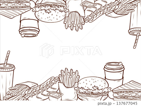 Fast food border with burger, sandwich, hot dog, fries and takeaway drinks. Hand drawn vector illustration in pen and ink style. Street food set. Ideal for menu design, packaging, posters, branding Fast food border with burger, sandwich, hot dog, fries and takeaway drinks. Hand drawn vector illustration in pen and ink style. Street food set. Ideal for menu design, packaging, posters, branding 137677045