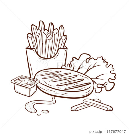 French fries, patty, sauce, and salad.Vector fast food illustration in engraving style. A set of elements for menu design, packaging, branding, posters and cafe marketing materials. 137677047