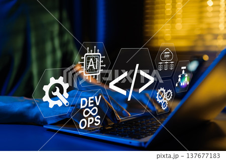 DevOps and AI integration in software development process concept. Developer working on laptop with digital coding icons, automation, programming, cloud computing and machine learning technology. 137677183