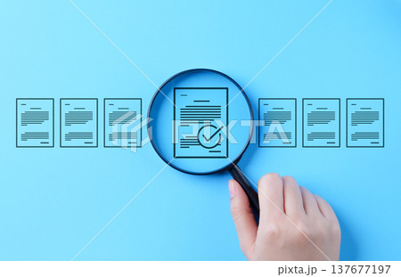 Document review process and quality control concept. Hand holding magnifying glass over a document icon with checklist, Document review and approval. Certificate management, Audit, Standardization, Document review process and quality control concept. Hand holding magnifying glass over a document icon with checklist, Document review and approval. Certificate management, Audit, Standardization, 137677197