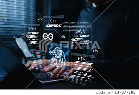 AI coding assistant and programming support. Programmer use laptop with AI coding assistant and colorful program code, representing artificial intelligence in software development and code generation. AI coding assistant and programming support. Programmer use laptop with AI coding assistant and colorful program code, representing artificial intelligence in software development and code generation. 137677199