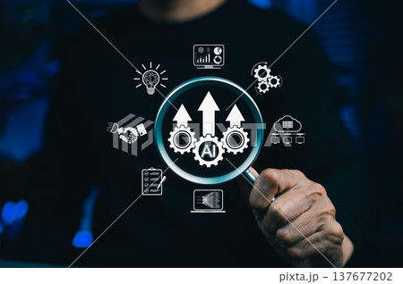 Artificial intelligence business concept. hand holding magnifying glass over AI gears and rising arrows for productivity, automation, workflow optimization, digital strategy, AI business productivity, Artificial intelligence business concept. hand holding magnifying glass over AI gears and rising arrows for productivity, automation, workflow optimization, digital strategy, AI business productivity, 137677202