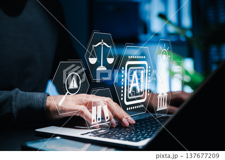 Artificial intelligence regulation and ethics concept. AI law ethics, Person using laptop with interface showing AI chip, legal compliance, scale, justice and data protection icon for digital policy. Artificial intelligence regulation and ethics concept. AI law ethics, Person using laptop with interface showing AI chip, legal compliance, scale, justice and data protection icon for digital policy. 137677209