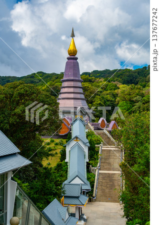 Queen Pagoda Naphaphonphumisiri at Doi Inthanon National Park Thailand. Royal stupa built in 1992 for Queen Sirikit, surrounded by gardens and mountain views near the highest peak of Thailand. 137677242