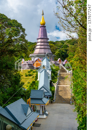 Queen Pagoda Naphaphonphumisiri at Doi Inthanon National Park Thailand. Royal stupa built in 1992 for Queen Sirikit, surrounded by gardens and mountain views near the highest peak of Thailand. 137677247