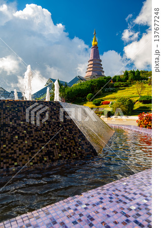 King Pagoda Naphamethinidon in Doi Inthanon National Park Thailand. Royal stupa built in 1987 to honor King Bhumibol Adulyadej, surrounded by mountain gardens and scenic views. 137677248