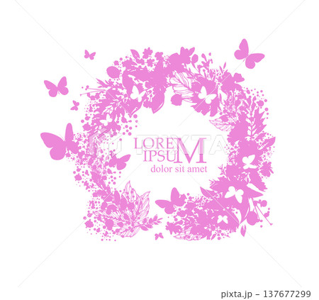 Abstract round frame with pink flowers and butterflies . hand drawn. Not AI, Vector illustration 137677299