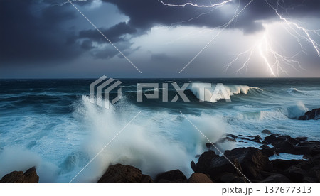 雷が落ちる嵐の海と荒波 ／ 自然の脅威を表現した迫力ある海の風景 137677313