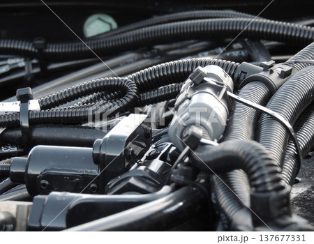 Protection hoses, pressure tubes and binding corrugated cables in engine wires arrangement  137677331