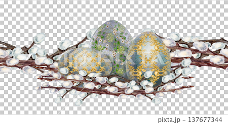 Seamless watercolor Easter egg border with ornate gold ornament, soft texture. Luxury vintage decorative pattern for holiday design, greeting card, wrapping paper, invitations, packaging, spring decor Seamless watercolor Easter egg border with ornate gold ornament, soft texture. Luxury vintage decorative pattern for holiday design, greeting card, wrapping paper, invitations, packaging, spring decor 137677344