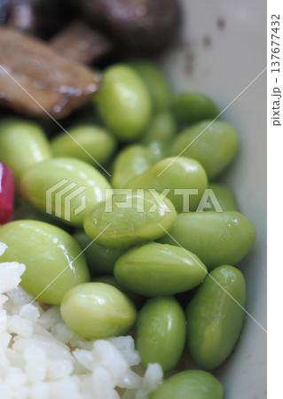 Green edamame beans in a bowl with rice and other items 137677432