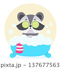 Funny cartoon raccoon taking a bubble bath with a cucumber mask. Vector illustration, isolated background 137677563