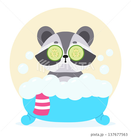 Funny cartoon raccoon taking a bubble bath with a cucumber mask. Vector illustration, isolated background Funny cartoon raccoon taking a bubble bath with a cucumber mask. Vector illustration, isolated background 137677563