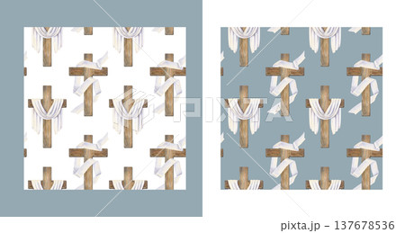 Cristian seamless pattern with wooden cross and draped cloth. Minimal Easter watercolor design on white and blue background for church, religious stationery, fabric printing, greeting cards, packaging Cristian seamless pattern with wooden cross and draped cloth. Minimal Easter watercolor design on white and blue background for church, religious stationery, fabric printing, greeting cards, packaging 137678536