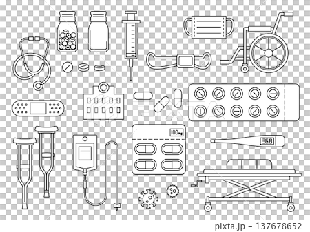 藥品、注射劑和口罩：一套用於疾病和醫療保健的物品。 137678652