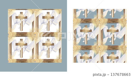 Cristian seamless pattern with glowing candle and wooden cross on colored background. Watercolor Easter design for church media, greeting cards, book covers, candle labels, gift wrap, religious design Cristian seamless pattern with glowing candle and wooden cross on colored background. Watercolor Easter design for church media, greeting cards, book covers, candle labels, gift wrap, religious design 137678663
