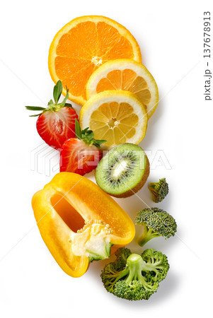 Vitamin C rich fruits and vegetables arranged on white background, top view Vitamin C rich fruits and vegetables arranged on white background, top view 137678913