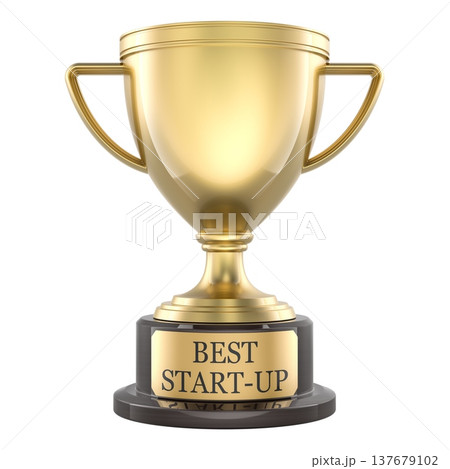 Best start-up, golden trophy cup with plaque. 3D rendering 137679102