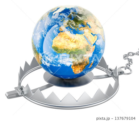 Earth Globe trapped in metal bear trap. Global danger, crisis, and environmental threat, concept. 3d rendering 137679104