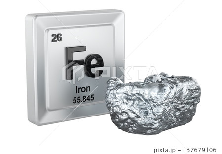 Fe element tile with iron raw metal sample. 3D rendering Fe element tile with iron raw metal sample. 3D rendering 137679106