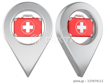 Map pointer with first aid kit. Medical location, pharmacy, clinic, and emergency help point, concept. 3d rendering Map pointer with first aid kit. Medical location, pharmacy, clinic, and emergency help point, concept. 3d rendering 137679111