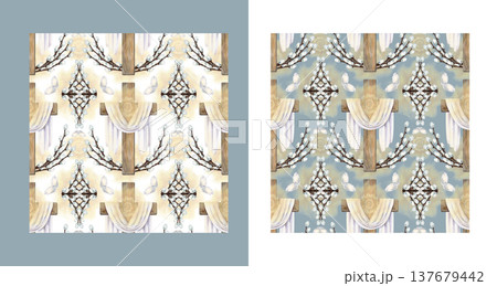 Easter seamless pattern with wooden cross, burning candle and radiant golden halo. Watercolor Christian design on colored background for church publication, greeting card, print, textile, packaging Easter seamless pattern with wooden cross, burning candle and radiant golden halo. Watercolor Christian design on colored background for church publication, greeting card, print, textile, packaging 137679442