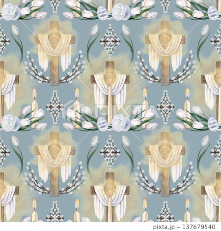 Watercolor Easter pattern with wooden cross, burning candle, white tulips,decorated eggs. Soft botanical design on blue background for greeting cards, packaging, stationery, textiles, craft paper Watercolor Easter pattern with wooden cross, burning candle, white tulips,decorated eggs. Soft botanical design on blue background for greeting cards, packaging, stationery, textiles, craft paper 137679540