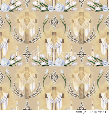Watercolor Easter pattern with wooden cross, burning candle, white tulips,decorated eggs. Soft botanical design on beige background for greeting cards, packaging, stationery, textiles, craft paper 137679541