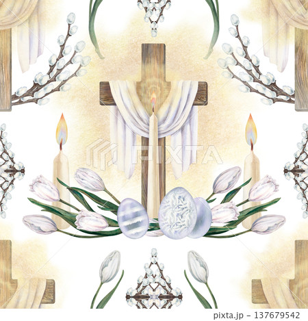 Watercolor Easter pattern with wooden cross, burning candle, white tulips,decorated eggs. Soft botanical design on white background for greeting cards, packaging, stationery, textiles, craft paper 137679542