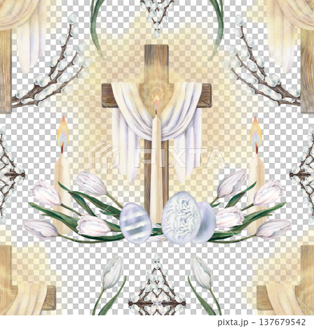 Watercolor Easter pattern with wooden cross, burning candle, white tulips,decorated eggs. Soft botanical design on white background for greeting cards, packaging, stationery, textiles, craft paper 137679542