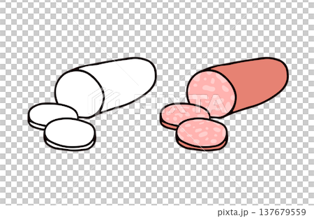 一組彩色和黑白的薩拉米香腸插圖。 一組彩色和黑白的薩拉米香腸插圖。 137679559