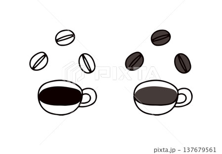 色ありと白黒のコーヒーとコーヒー豆のイラストセット 137679561