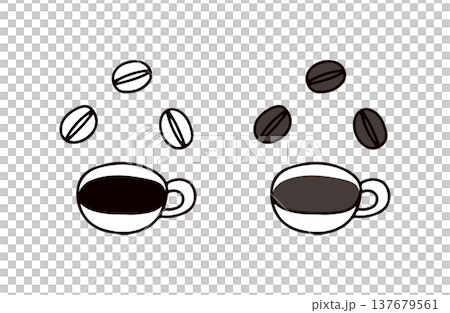 色ありと白黒のコーヒーとコーヒー豆のイラストセット 137679561