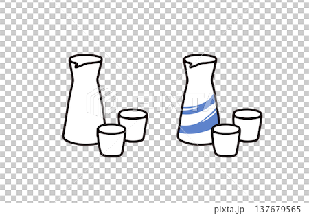 A set of illustrations of a sake bottle and sake cups, in color and black and white. A set of illustrations of a sake bottle and sake cups, in color and black and white. 137679565
