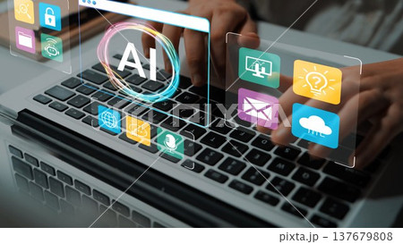 Hands Typing on Laptop Keyboard with Digital Interface Illustrating Artificial Intelligence Concept and Various Icons Representing Technology and Communication Gluon Hands Typing on Laptop Keyboard with Digital Interface Illustrating Artificial Intelligence Concept and Various Icons Representing Technology and Communication Gluon 137679808