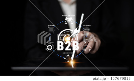 Innovative B2B Business Model Concept with Icons Representing Supply Chain, Logistics, Procurement, and Business Network in Dark Background Quark 137679815