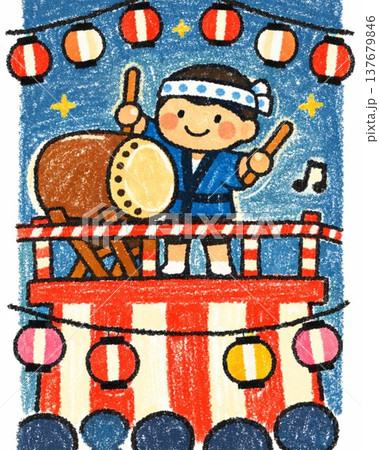 盆踊りやぐらで太鼓を演奏するイラスト 137679846