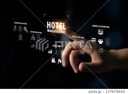 Hand Interacting with Digital Hotel Management Interface Showcasing Various Features and Services for Enhanced Hospitality Experience Quark 137679848