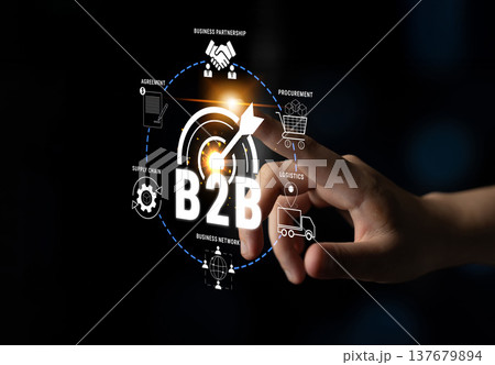Visual Representation of B2B Business Model with Icons and Hand Interacting with Digital Elements in a Dark Background Quark Visual Representation of B2B Business Model with Icons and Hand Interacting with Digital Elements in a Dark Background Quark 137679894