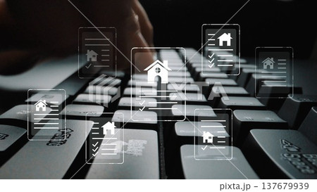Digital workspace with keyboard and floating house icons representing real estate, home listings, online transactions, and property management concepts Gluon Digital workspace with keyboard and floating house icons representing real estate, home listings, online transactions, and property management concepts Gluon 137679939