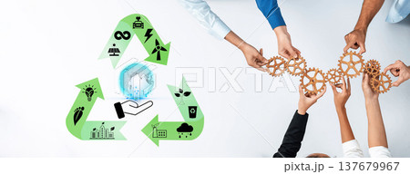 Hands Collaborating on Sustainable Innovation with Eco-Friendly Symbols and Globe Surrounded by Gear Elements for a Greener Future Quark Hands Collaborating on Sustainable Innovation with Eco-Friendly Symbols and Globe Surrounded by Gear Elements for a Greener Future Quark 137679967