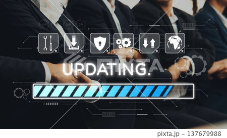 Business Professionals Attending Workshop with Updating Progress Bar and Technology Icons in Conference Room. Raster Business Professionals Attending Workshop with Updating Progress Bar and Technology Icons in Conference Room. Raster 137679988