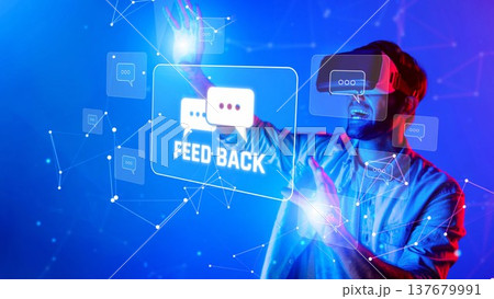 Engaging Young Man in Virtual Reality Setting with Smart Glasses, Interacting with Feedback Interface and Digital Icons in Futuristic Environment. Raster 137679991