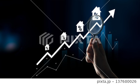 Growth Analysis with Hand Holding Magnifying Glass Over Graph and House Icons on Blue Background Showing Increasing Percentages and Real Estate Trends Gantry Growth Analysis with Hand Holding Magnifying Glass Over Graph and House Icons on Blue Background Showing Increasing Percentages and Real Estate Trends Gantry 137680026